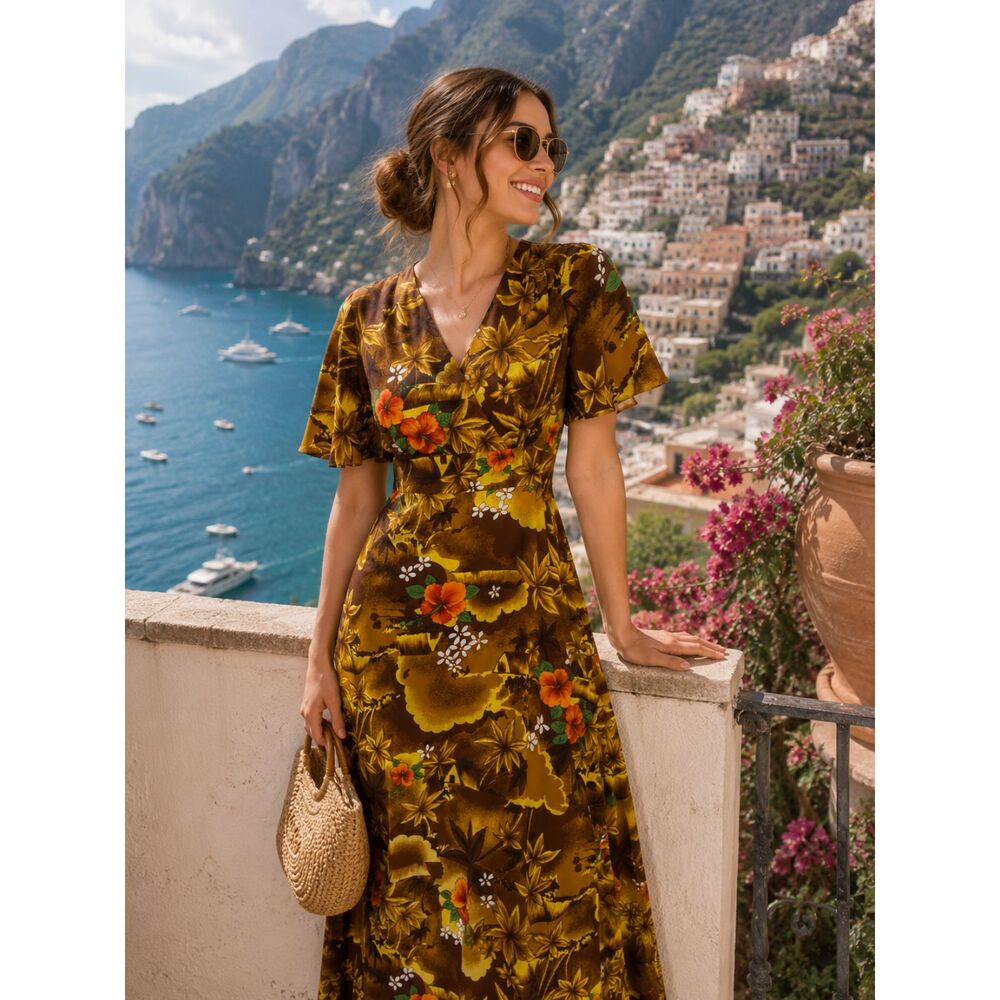 Vintage Royal Hawaiian Women Size XS Hibiscus Floral Tropical Maxi Dress 70s 60s